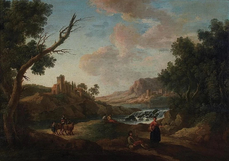 Figure accanto a un fiume in un paesaggio italiano